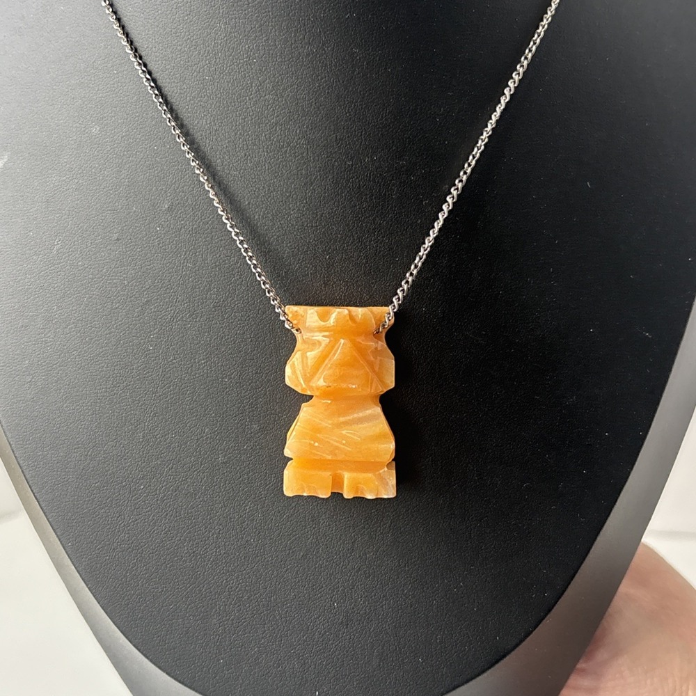 Vintage Mexico Carved Orange Onyx Calcite Aztec Warrior Idol Pendant 24"Necklace
